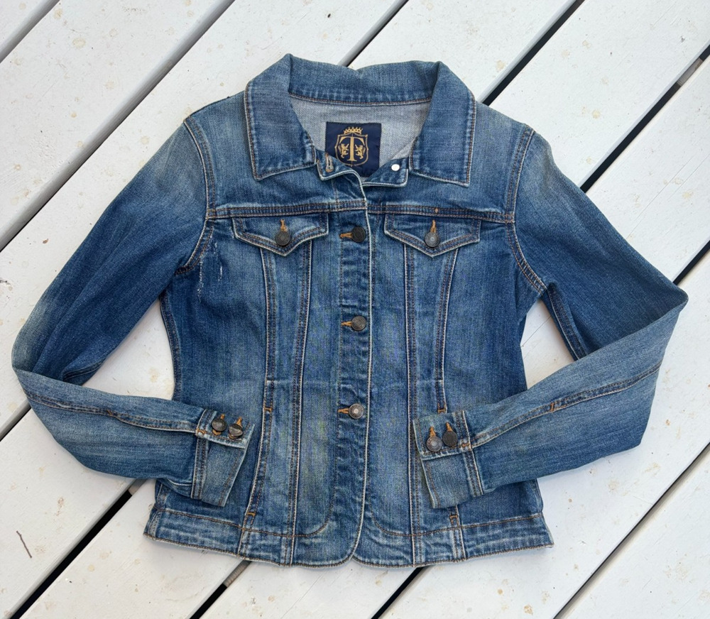 VTG 2010 Talbots Women's Denim Tailored Trucker Jacket Size 2P Blue Stretch Coat